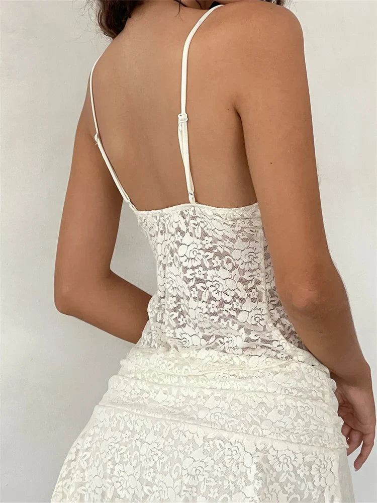 FashionSierra - 2025 Lace Camis Spaghetti Strap Irregular Hem Tank V-neck Mesh See Through Summer Vest Crop Tops