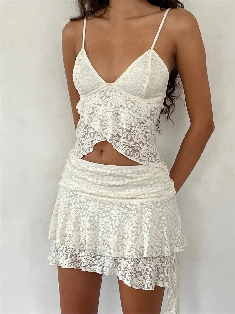 FashionSierra - 2025 Lace Camis Spaghetti Strap Irregular Hem Tank V-neck Mesh See Through Summer Vest Crop Tops