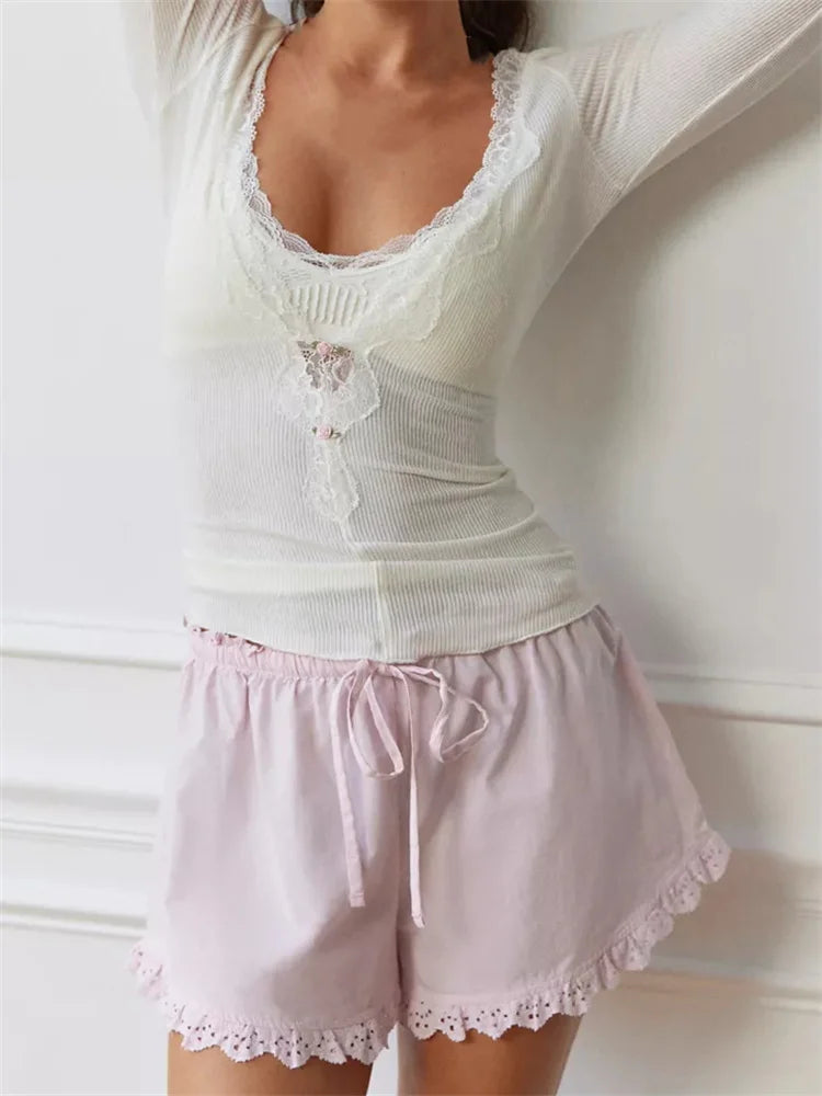 FashionSierra - 2025 Vintage Lace Patchwork Deep V Neck Low Cut Fairy Long Sleeve Slim Fit Streetwear Tee