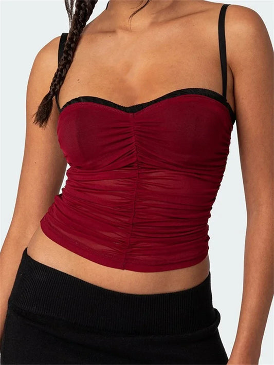 FashionSierra - 2025 Patchwork Mesh Camis Ruched Spaghetti Strap Sleeveless Tank Summer Mini Vest Streetwear  Crop Tops