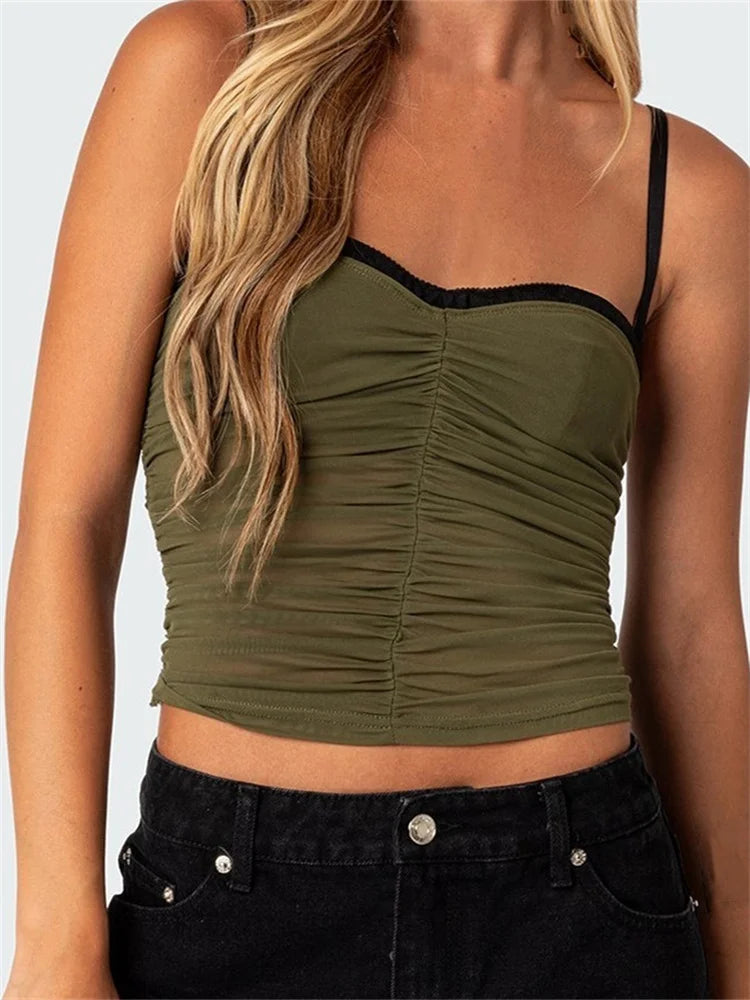 FashionSierra - 2025 Patchwork Mesh Camis Ruched Spaghetti Strap Sleeveless Tank Summer Mini Vest Streetwear  Crop Tops