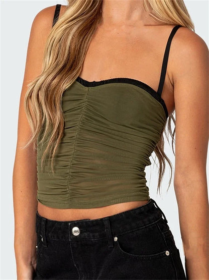 FashionSierra - 2025 Patchwork Mesh Camis Ruched Spaghetti Strap Sleeveless Tank Summer Mini Vest Streetwear  Crop Tops