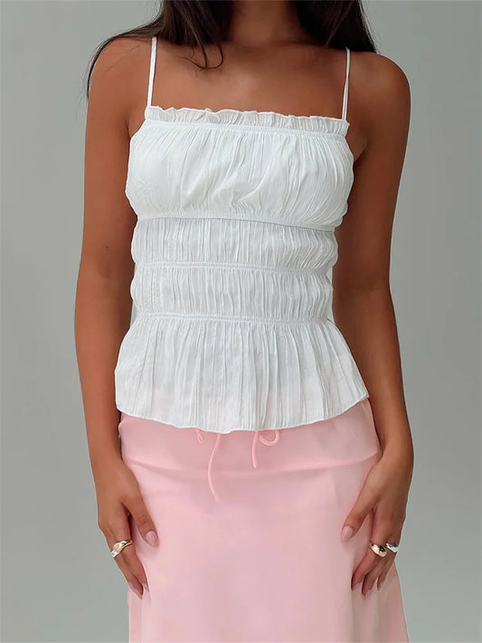 Vintage Sleeveless Spaghetti Strap Ruffles Solid Color Summer Mini Vest Streetwear Trendy Fashionable Unique Cami Top
