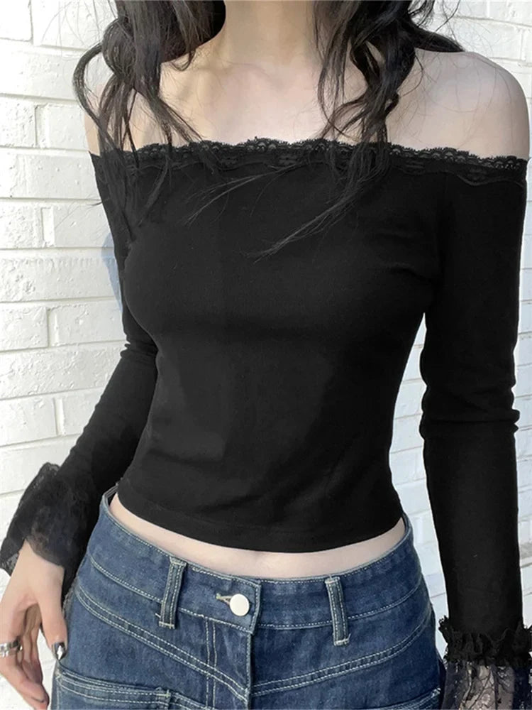 FashionSierra - 2025 Vintage Summer Fashion Lace Trim Long Flared Sleeve Off Shoulder Slash Neck Black Tee