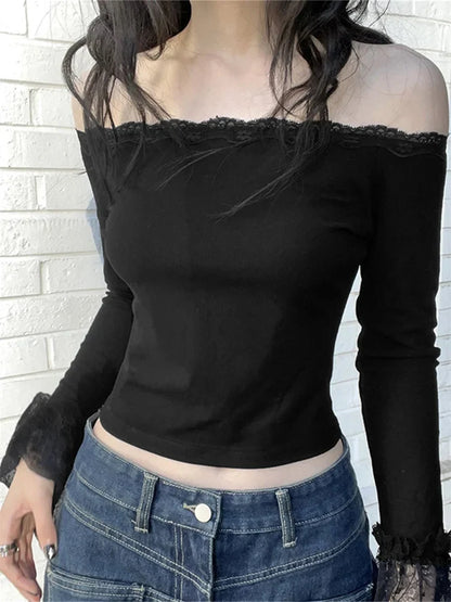 FashionSierra - 2025 Vintage Summer Fashion Lace Trim Long Flared Sleeve Off Shoulder Slash Neck Black Tee