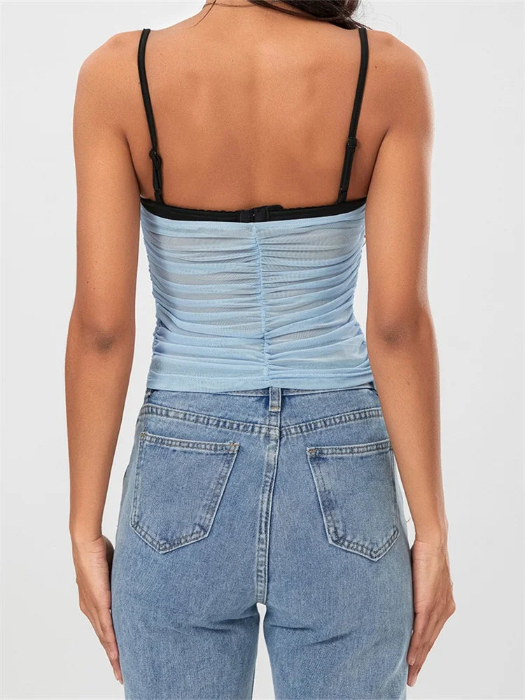 Mesh Sleeveless Strap Ruched Contrast Color Streetwear Cami Top