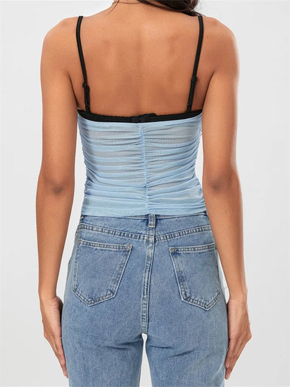 Mesh Sleeveless Strap Ruched Contrast Color Streetwear Cami Top