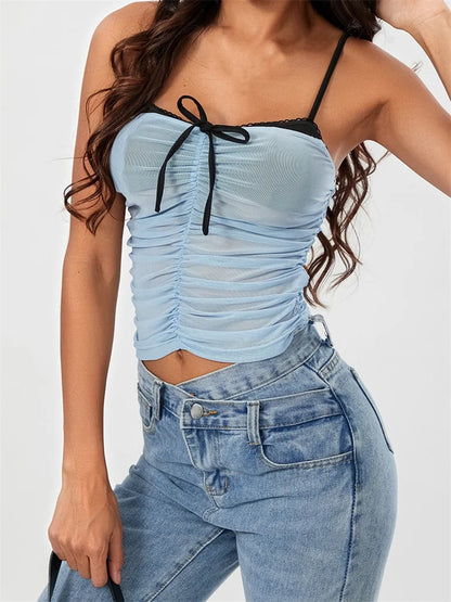 Mesh Sleeveless Strap Ruched Contrast Color Streetwear Cami Top