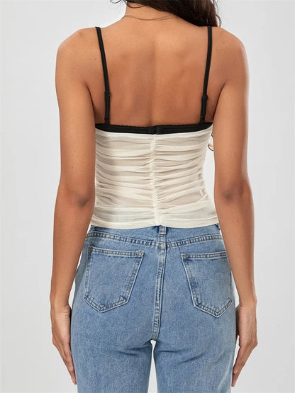 Mesh Sleeveless Strap Ruched Contrast Color Streetwear Cami Top