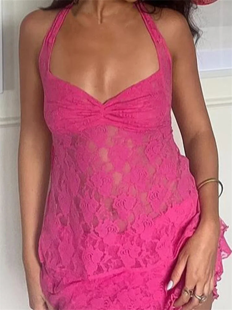 FashionSierra - 2025 Lace Halter Tie-Up Sleeveless Mini Vests Summer Casual Slim Fit Off Shoulder Camis Streetwear Crop Tops