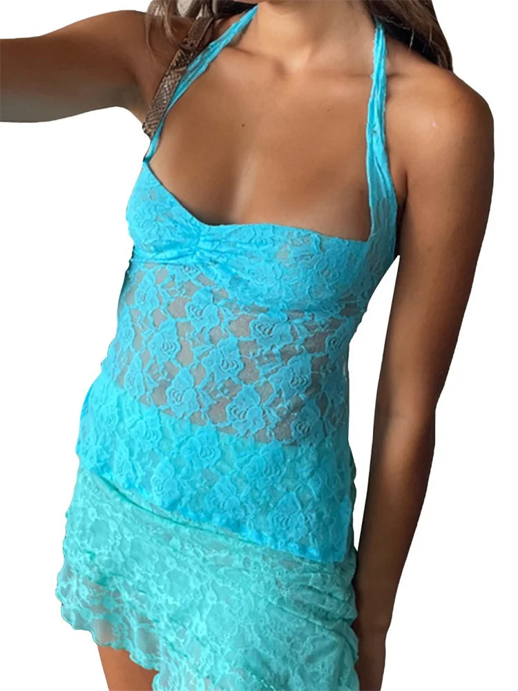 FashionSierra - 2025 Lace Halter Tie-Up Sleeveless Mini Vests Summer Casual Slim Fit Off Shoulder Camis Streetwear Crop Tops