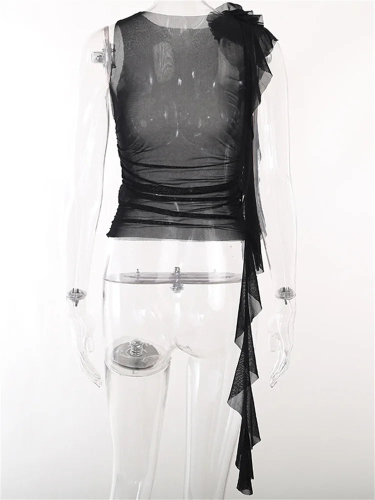 FashionSierra - 2025 3D Flower Mesh Sheer Ruffles Tassels See Through Sleeveless Spaghetti Strap Camis Y2K Clothes Crop Tops