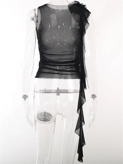 FashionSierra - 2025 3D Flower Mesh Sheer Ruffles Tassels See Through Sleeveless Spaghetti Strap Camis Y2K Clothes Crop Tops