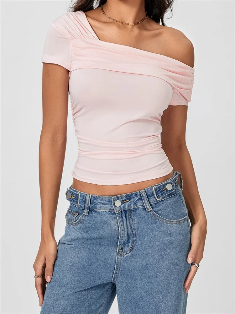 FashionSierra - Asymmetrical Neck Solid Color Off Shoulder Short Sleeve Ruched Casual Streetwear Tee