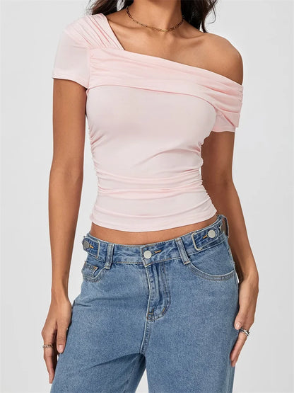 FashionSierra - Asymmetrical Neck Solid Color Off Shoulder Short Sleeve Ruched Casual Streetwear Tee