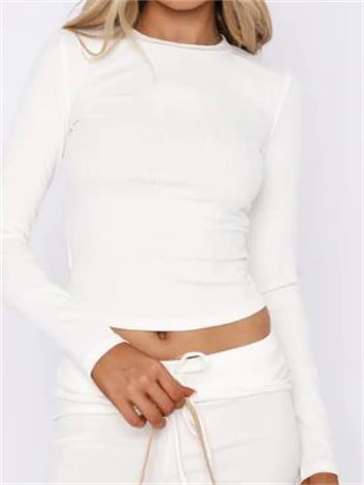 FashionSierra - Autumn Spring Long Sleeve Ribbed Casual Solid Round Neck Pullovers Female Basic Tee