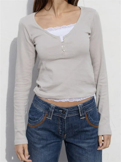 FashionSierra - Autumn Y2K Lace Patchwork Long Sleeve Fairy Grunge Vintage Aesthetic Slim Fit Harajuku Tees