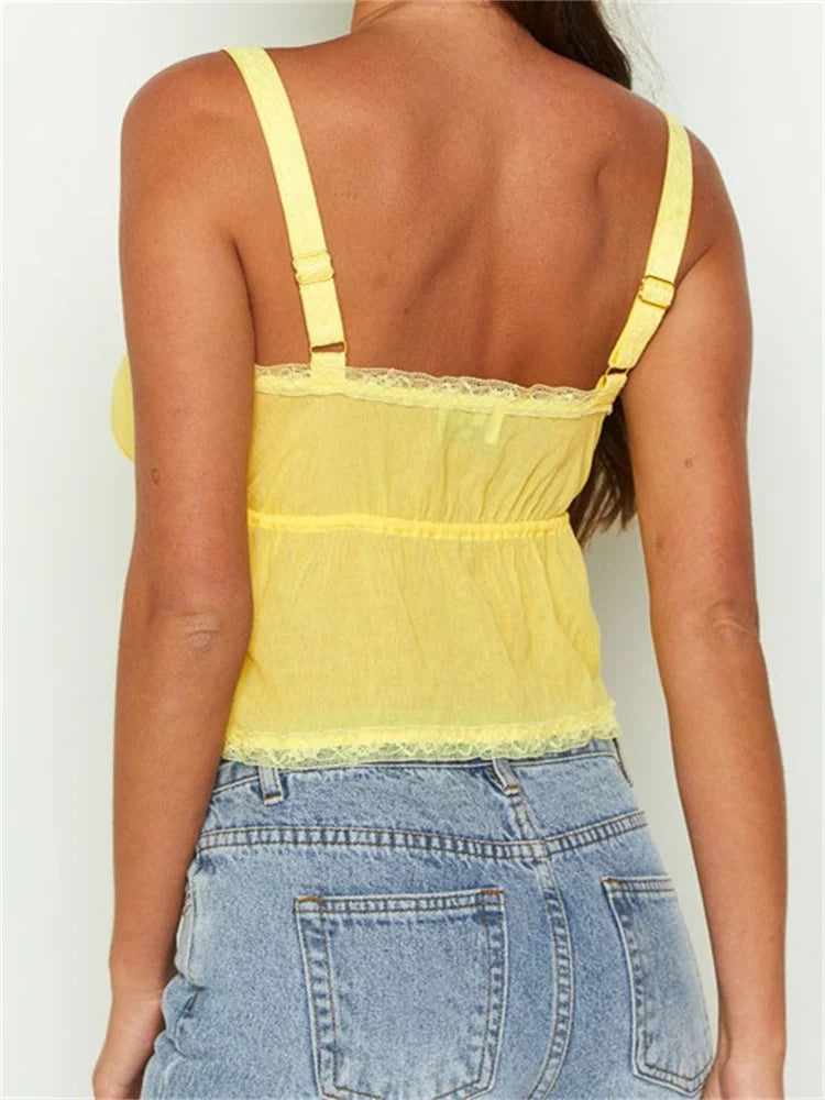 FashionSierra - 2025 Basic Ruffles Lace Trim Casual Sleeveless Strap Tie-up Tank Streetwear Clubwear  Crop Tops