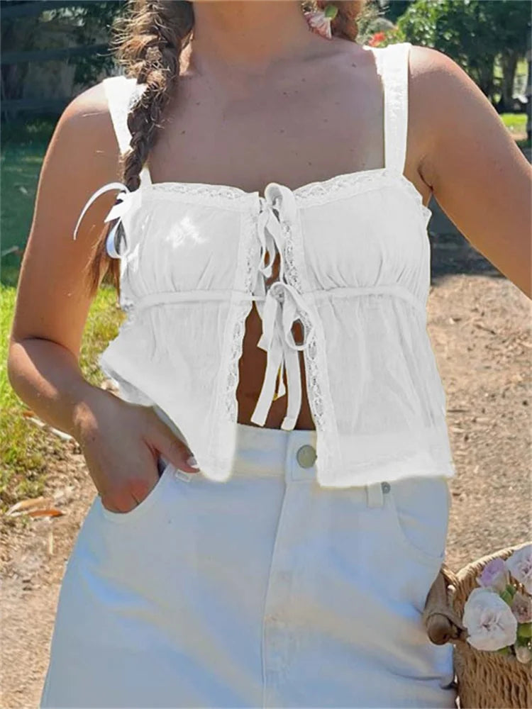 FashionSierra - 2025 Basic Ruffles Lace Trim Casual Sleeveless Strap Tie-up Tank Streetwear Clubwear  Crop Tops
