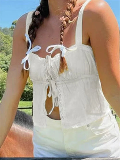 FashionSierra - 2025 Basic Ruffles Lace Trim Casual Sleeveless Strap Tie-up Tank Streetwear Clubwear  Crop Tops
