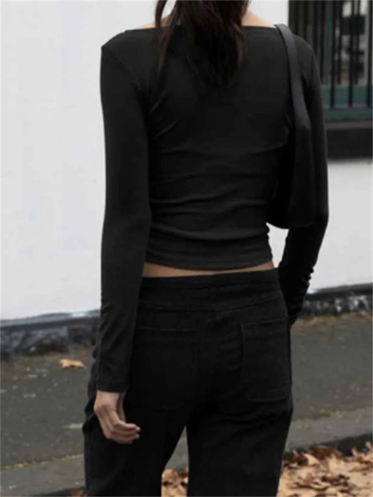 FashionSierra - Basic Solid Color Asymmetrical Neck Ruched Long Sleeve Casual Pullovers Club Streetwear Tee