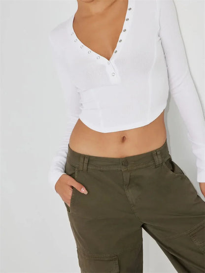 FashionSierra - Basic Solid Color Deep V Neck Long Sleeve Buttons Up Casual Pullovers Club Streetwear Tee