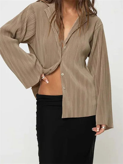 Women's Button Down Solid Color Pleated V-neck Long Sleeve Loose Cardigan Streetwear Blouse