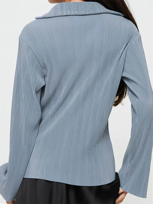 Women's Button Down Solid Color Pleated V-neck Long Sleeve Loose Cardigan Streetwear Blouse