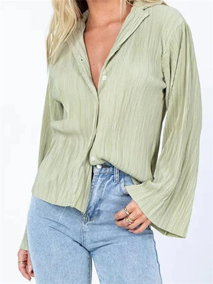 Women's Button Down Solid Color Pleated V-neck Long Sleeve Loose Cardigan Streetwear Blouse