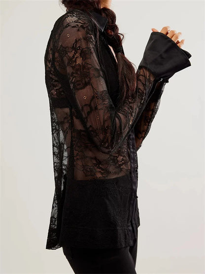 Women's Button Down Mesh See Through Patchwork Turn-Down Collar Long Sleeve Casual Blouse