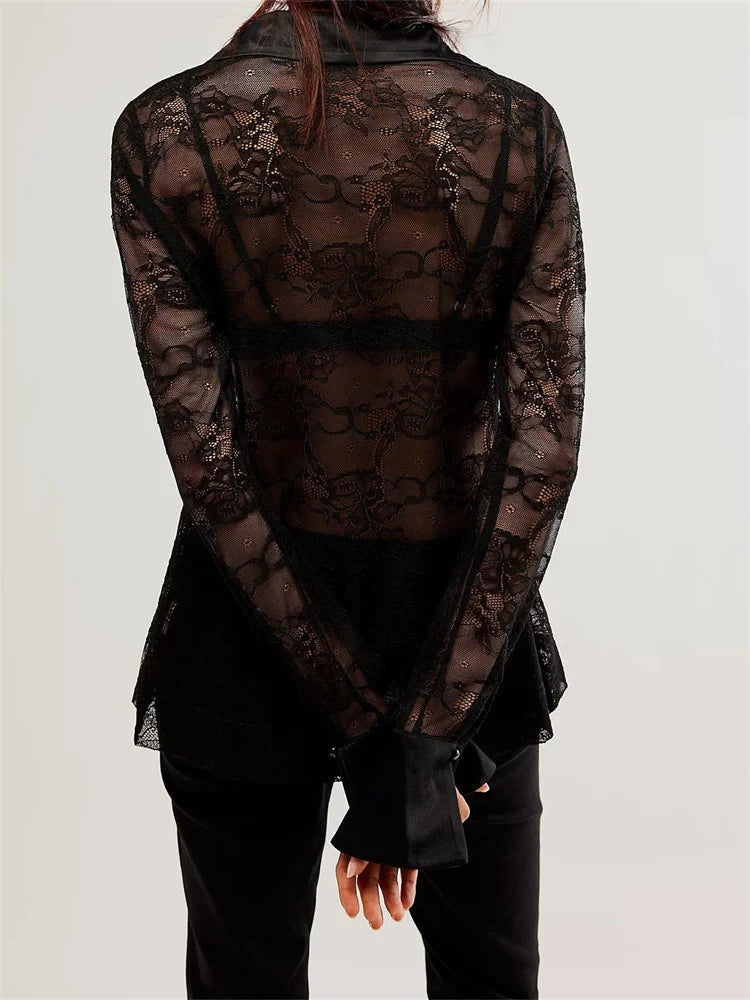 Women's Button Down Mesh See Through Patchwork Turn-Down Collar Long Sleeve Casual Blouse