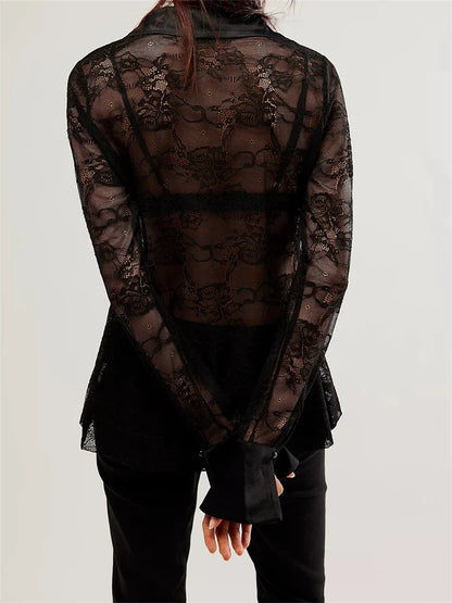 Women's Button Down Mesh See Through Patchwork Turn-Down Collar Long Sleeve Casual Blouse