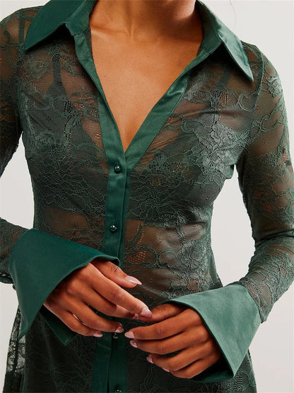 Women's Button Down Mesh See Through Patchwork Turn-Down Collar Long Sleeve Casual Blouse