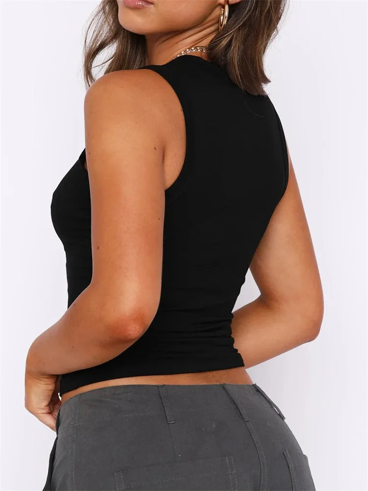 FashionSierra - 2025 Casual Sleeveless Solid Color Slim Fit Pullovers Mini Vest Female Base Tank Tops Crop Tops