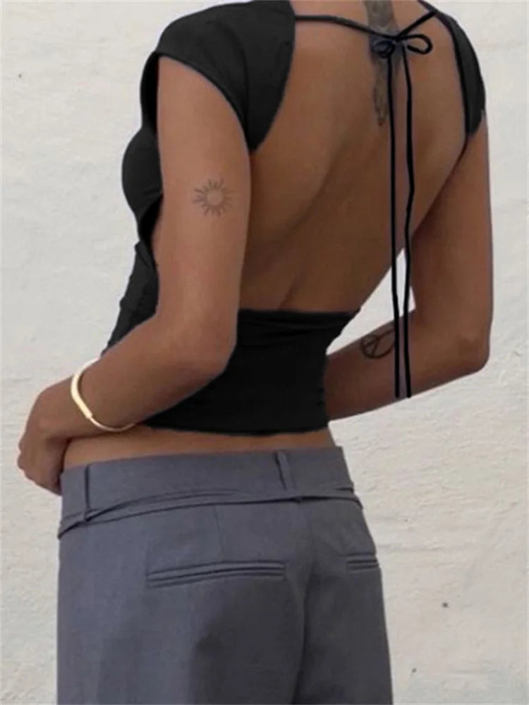 FashionSierra - 2025 Casual Sleeveless Slim Fit Pullovers Backless Tie-up Female Base Vest Top Clubwear Crop Tops