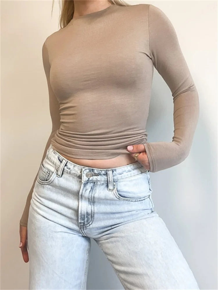 FashionSierra - Casual Long Sleeve Crew Neck Solid Slim Fit Spring Autumn Streetwear Female Pullovers Tops Tee