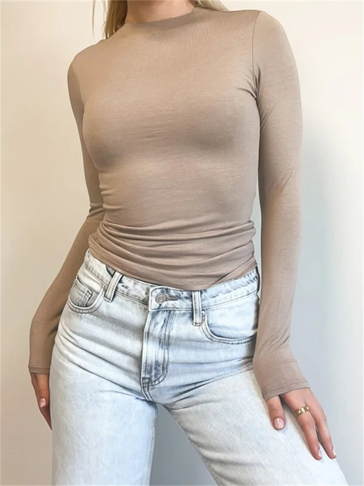 FashionSierra - Casual Long Sleeve Crew Neck Solid Slim Fit Spring Autumn Streetwear Female Pullovers Tops Tee