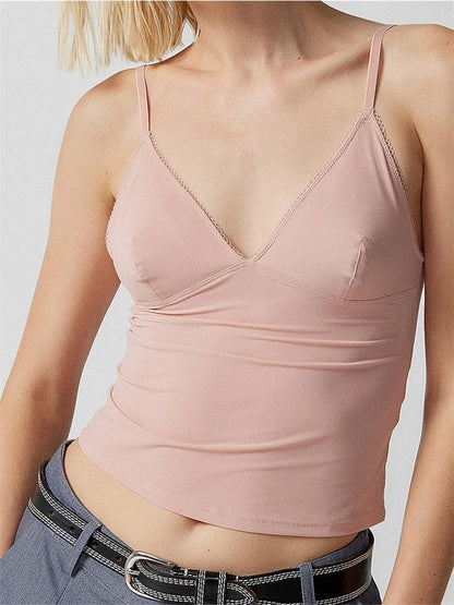 FashionSierra - 2025 Solid Color V-Neck Summer Backless Spaghetti Strap Sleeveless Mini Vest Streetwear  Crop Tops