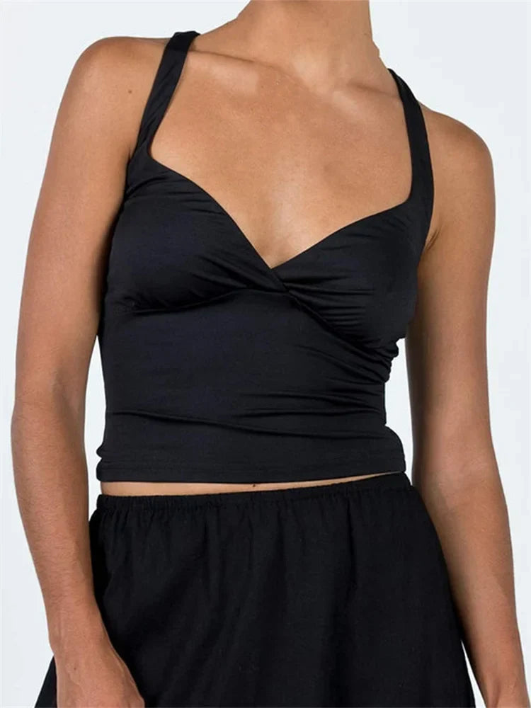 V Neck Sleeveless Backless Ruched Criss-Cross Adjustable Strap Crop Summer Tank Cami Top