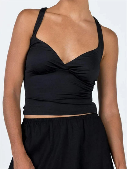 V Neck Sleeveless Backless Ruched Criss-Cross Adjustable Strap Crop Summer Tank Cami Top