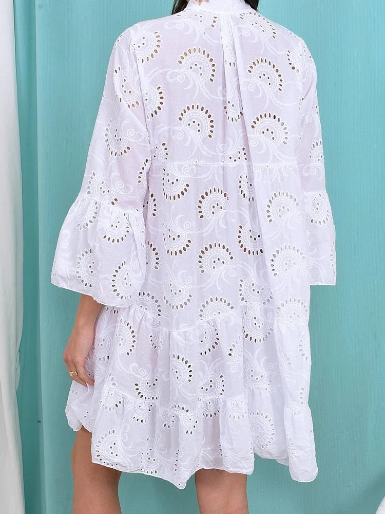 FashionSierra - Embroidery Lace Hollow Out Long Sleeve Mini Dress