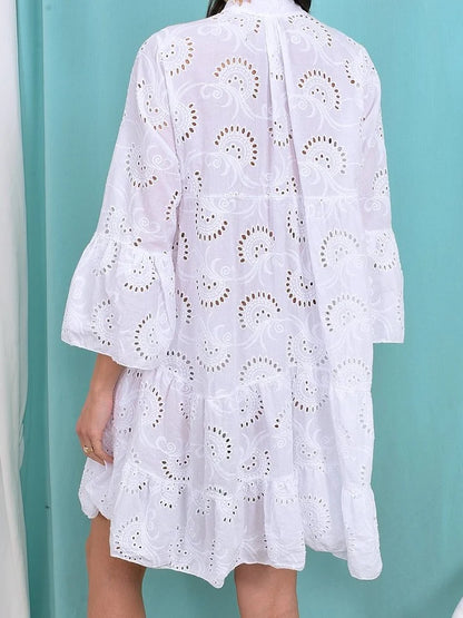 FashionSierra - Embroidery Lace Hollow Out Long Sleeve Mini Dress