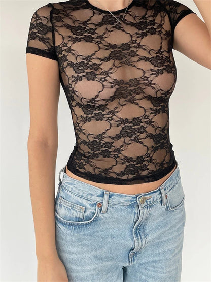 FashionSierra - Fairy Grunge Lace Top Sexy Mesh See Through O-Neck Short Sleeve Summer Party Club Streetwear Tee