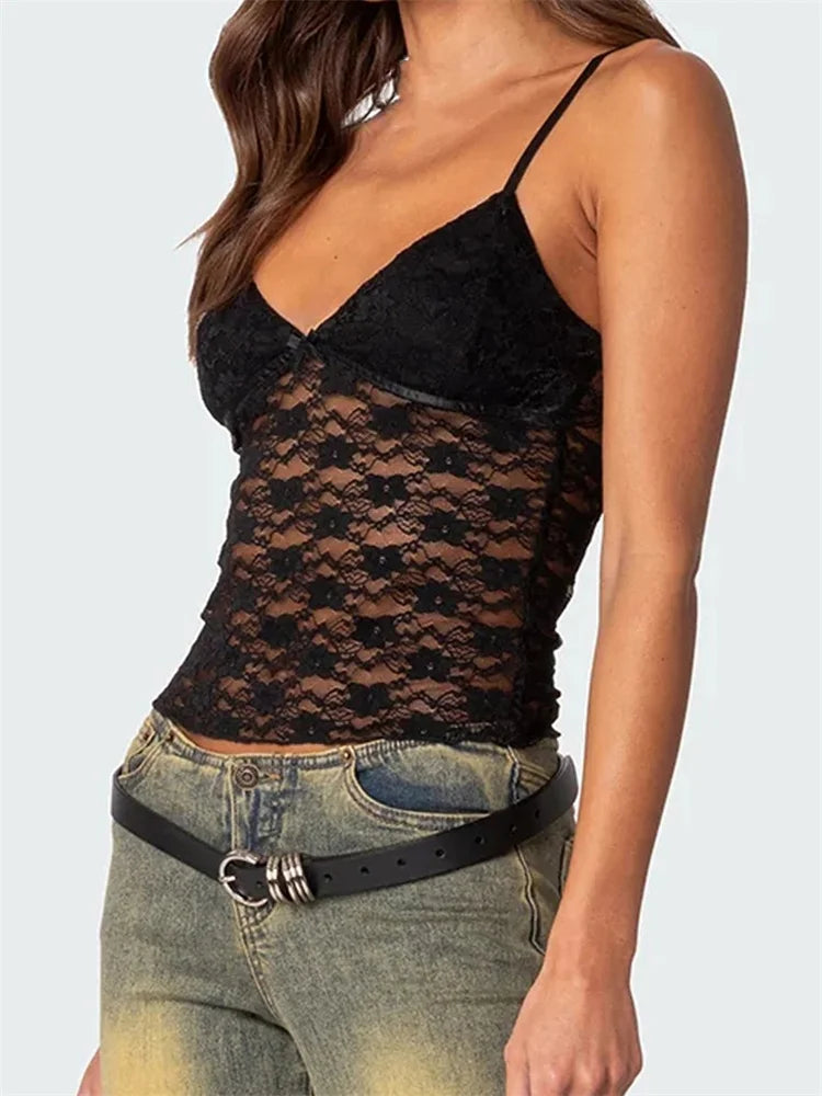 FashionSierra - 2025 Floral Lace Camis Summer Backless Spaghetti Strap Tank Sleeveless Mini Vest for Streetwear Clubwear Crop Tops