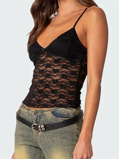 FashionSierra - 2025 Floral Lace Camis Summer Backless Spaghetti Strap Tank Sleeveless Mini Vest for Streetwear Clubwear Crop Tops