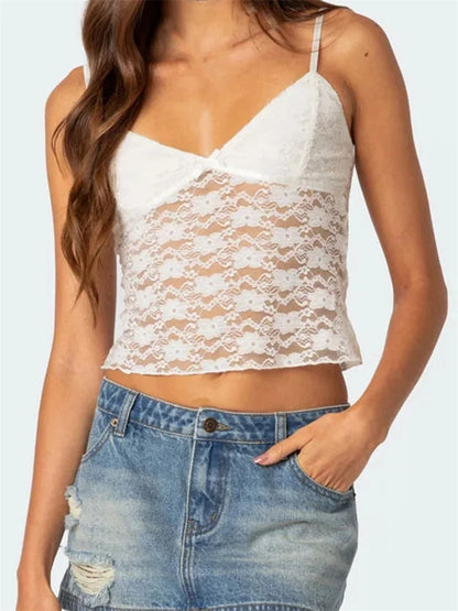 FashionSierra - 2025 Floral Lace Camis Summer Backless Spaghetti Strap Tank Sleeveless Mini Vest for Streetwear Clubwear Crop Tops