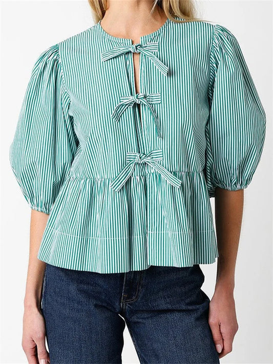 Women's Front Split Bowknot Tie-up Short Puff Sleeve Round Neck Loose Ruffles Blouse