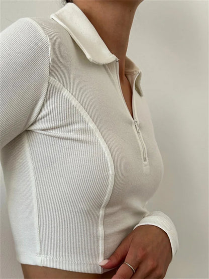 FashionSierra - Half Zip Up Cropped Solid Color Ribbed Lapel Long Sleeve Casual Exposed Navel Slim Fit Tee