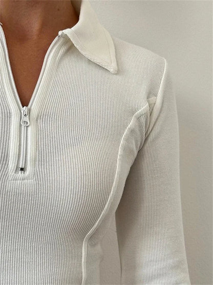 FashionSierra - Half Zip Up Cropped Solid Color Ribbed Lapel Long Sleeve Casual Exposed Navel Slim Fit Tee