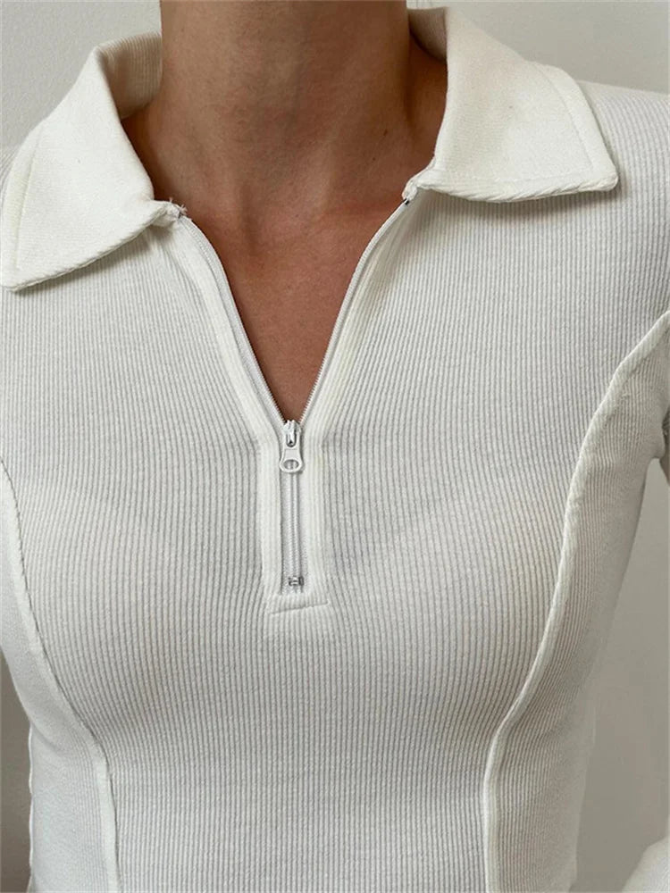 FashionSierra - Half Zip Up Cropped Solid Color Ribbed Lapel Long Sleeve Casual Exposed Navel Slim Fit Tee